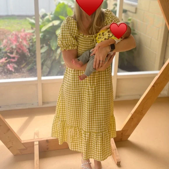 Yellow and White Tiered Puff Sleeve Midi Dress - Picture 5 of 5